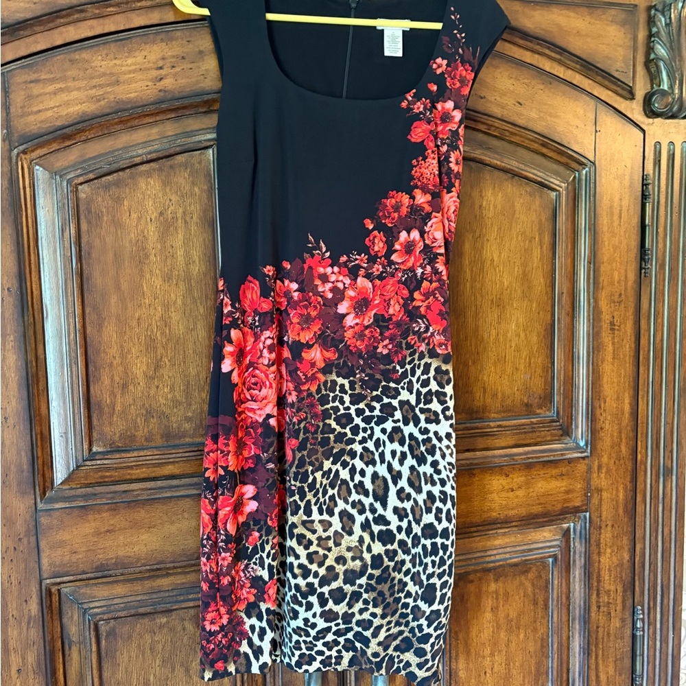 Cache Black and Red Sheath Midi Dress Sleeveless Square Neck